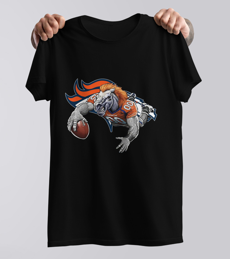 Denver Broncos Mascot Football Action With Orange And Blue T-Shirt
