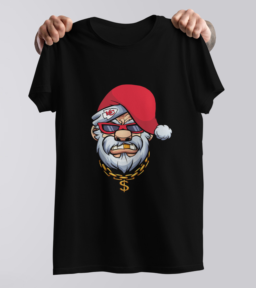 Chiefs Gangster Santa With Chain And Red Hat Sporting Sunglasses And Kansas City T-Shirt