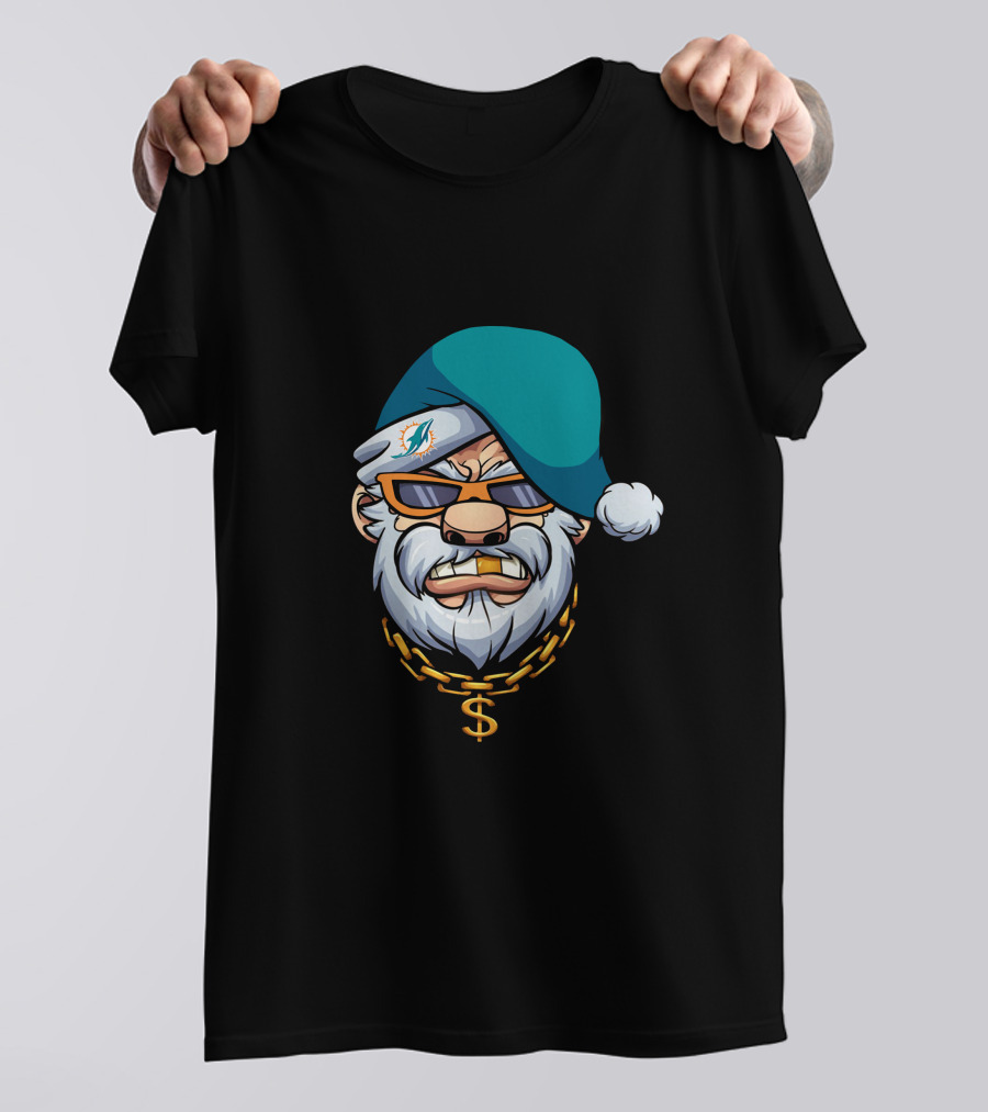 Miami Dolphins Gangster Santa With Shades And Gold Chain T-Shirt