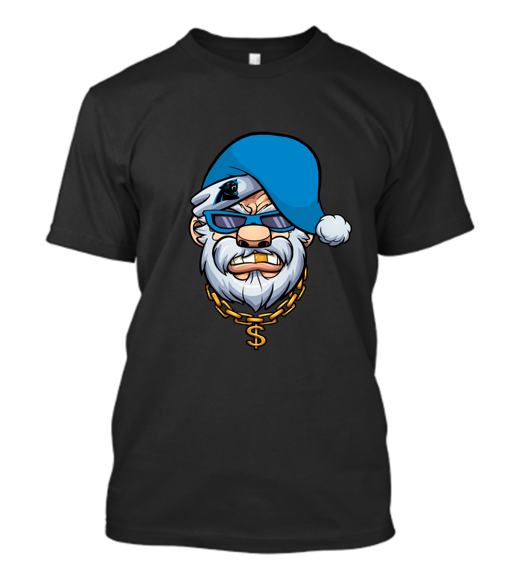 Panthers Gangster Santa With Blue Hat And Gold Chain T-Shirt