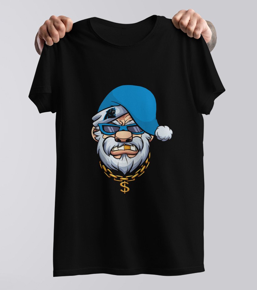 Panthers Gangster Santa With Blue Hat And Gold Chain T-Shirt