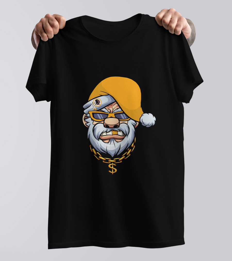 Santa With Gangster Style Gold Hat And Chain Featuring Washington Football Team T-Shirt