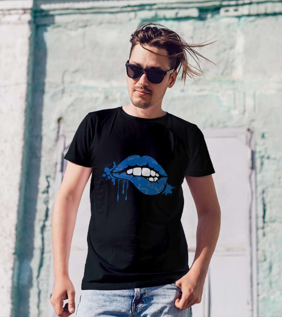 Dripping Blue Lips With White Lions Outline T-Shirt
