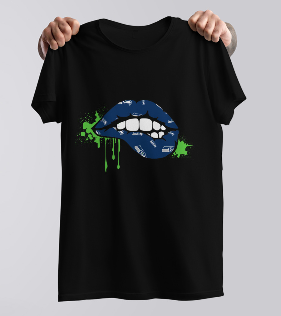 Seahawks Logo Dripping Lips In Blue And Green T-Shirt