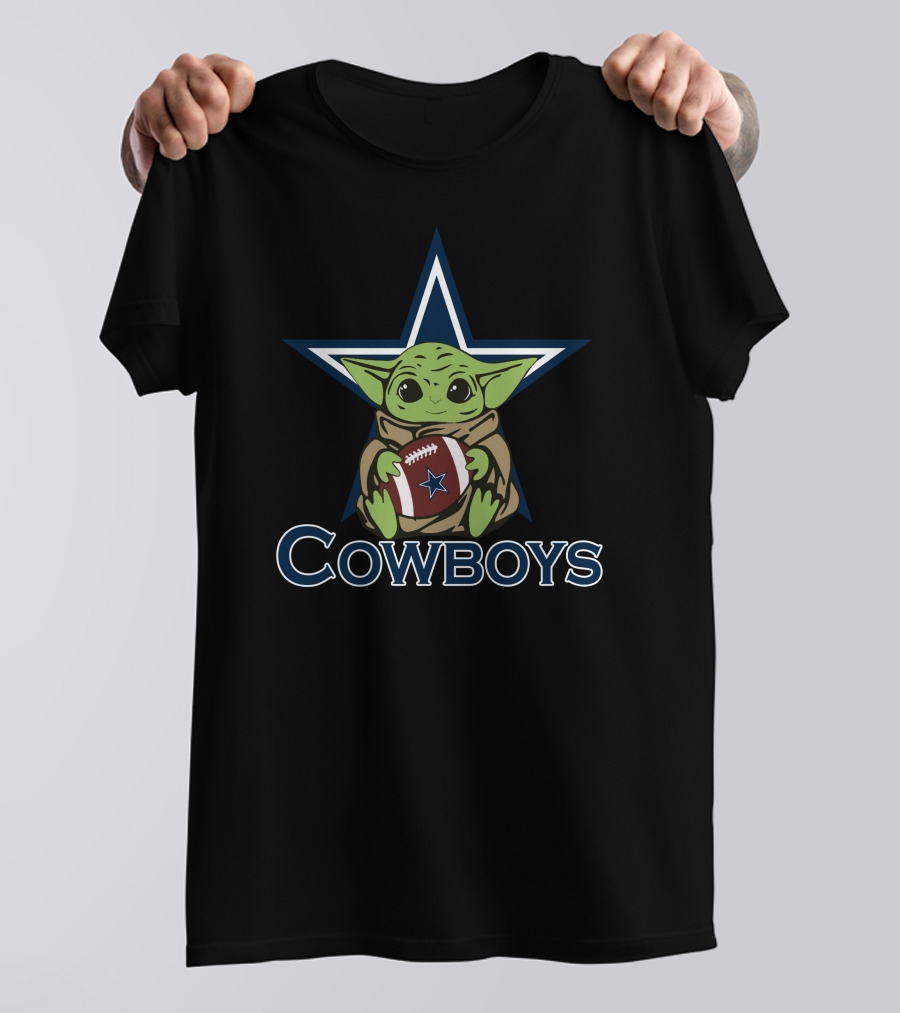 Cowboys Baby Yoda Holding Football Star Wars Mandalorian Dallas Star T-Shirt