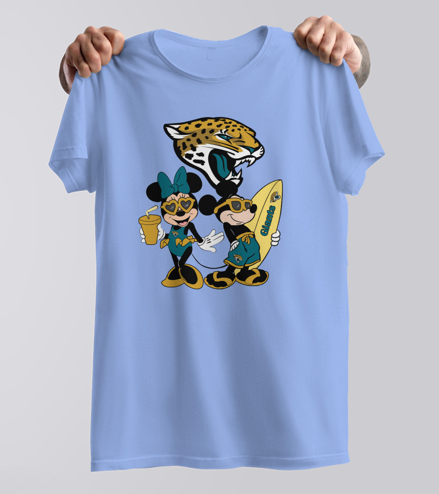 Jaguars Mickey And Minnie Happy Vacation With Surfboard And Drink T-Shirt