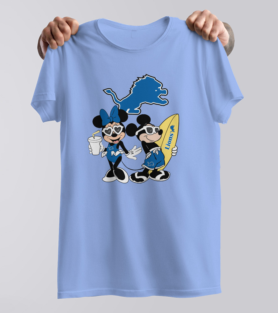 Lions Mickey And Minnie Happy Vacation With Surfboard And Drink T-Shirt