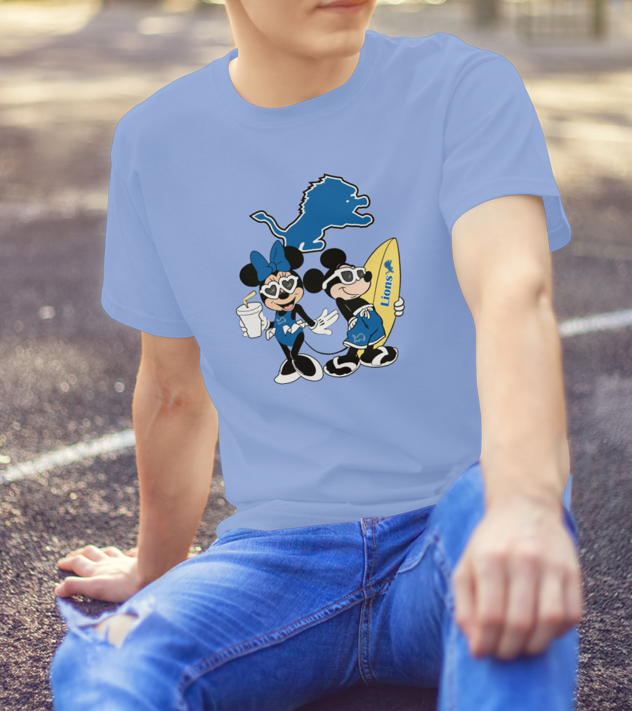 Lions Mickey And Minnie Happy Vacation With Surfboard And Drink T-Shirt