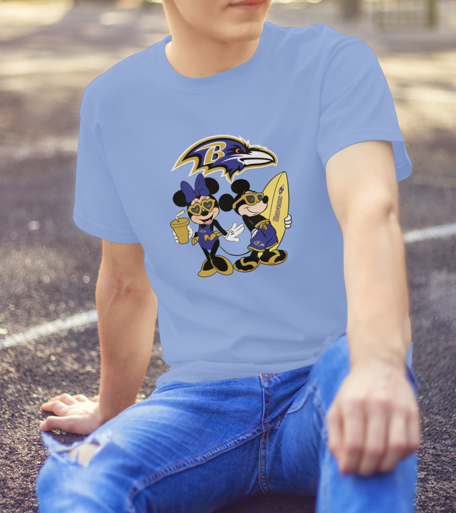 Ravens Mickey Minnie Vacation Surfing Football Fan Celebration T-Shirt