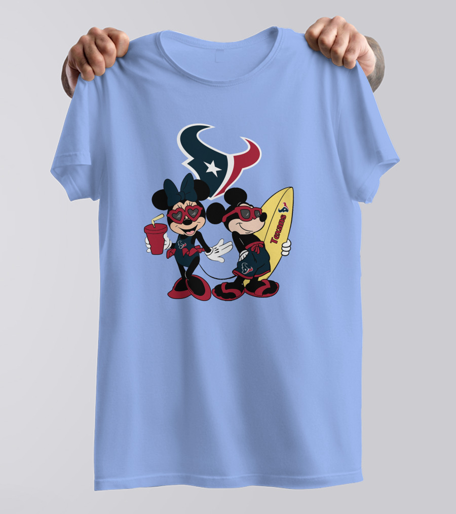 Texans Mickey And Minnie Happy Vacation Surfboard And Drink T-Shirt