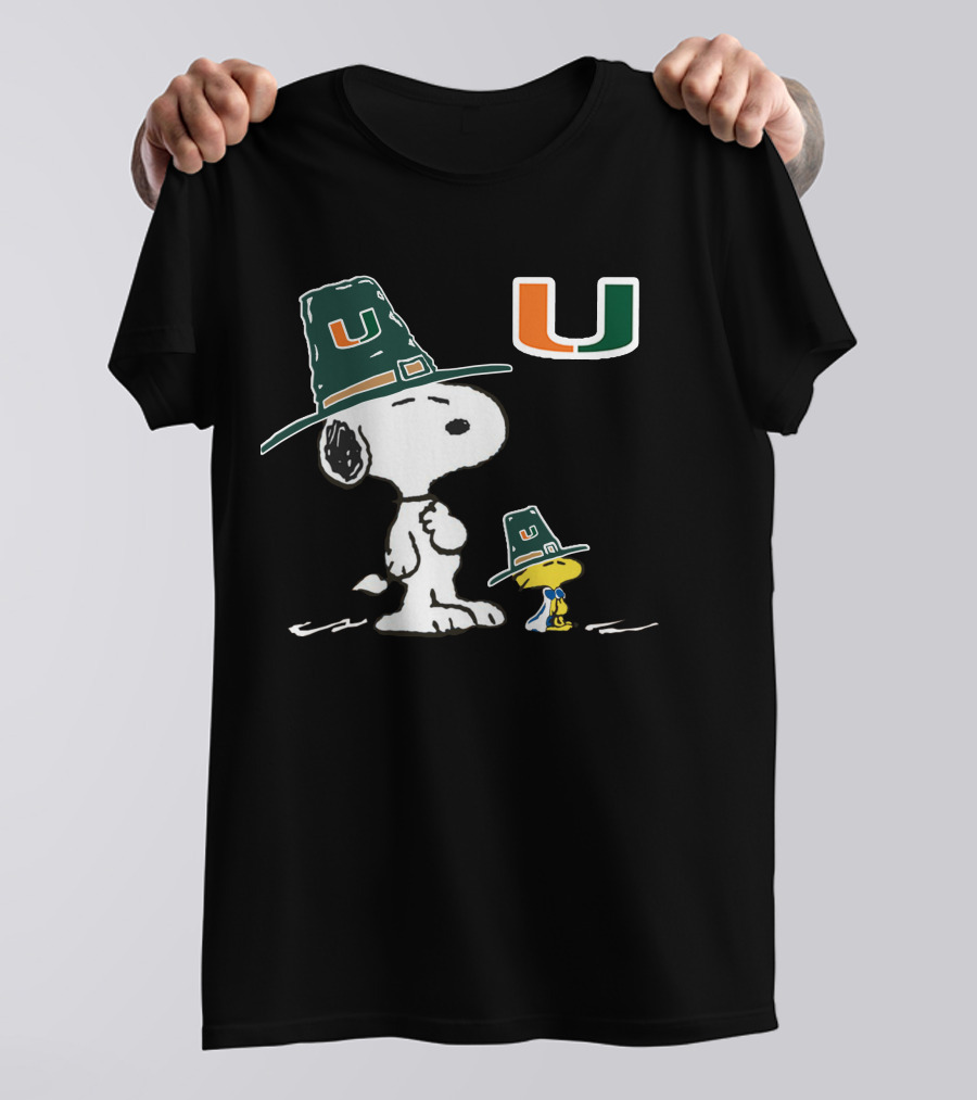 Miami Hurricanes Snoopy Woodstock Pilgrim Hats University T-Shirt