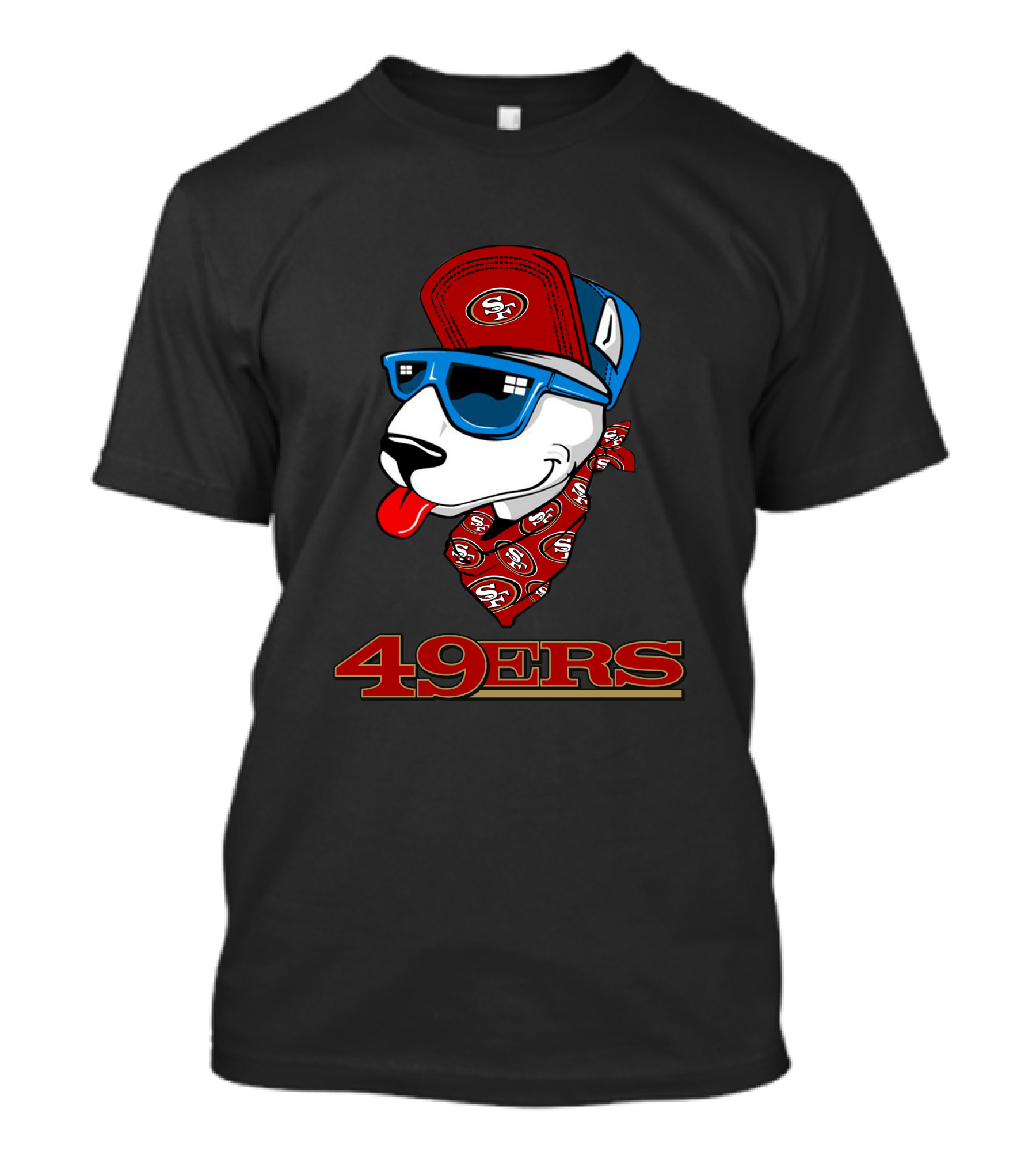 49ers Bull Terrier San Francisco Style Dog Wearing Logo Hat And Sunglasses T-Shirt