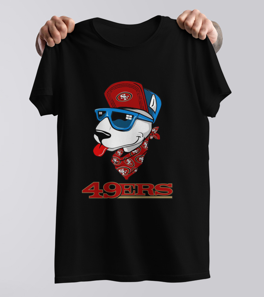 49ers Bull Terrier San Francisco Style Dog Wearing Logo Hat And Sunglasses T-Shirt