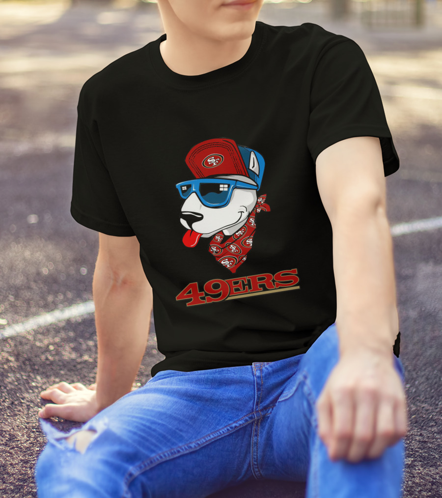 49ers Bull Terrier San Francisco Style Dog Wearing Logo Hat And Sunglasses T-Shirt