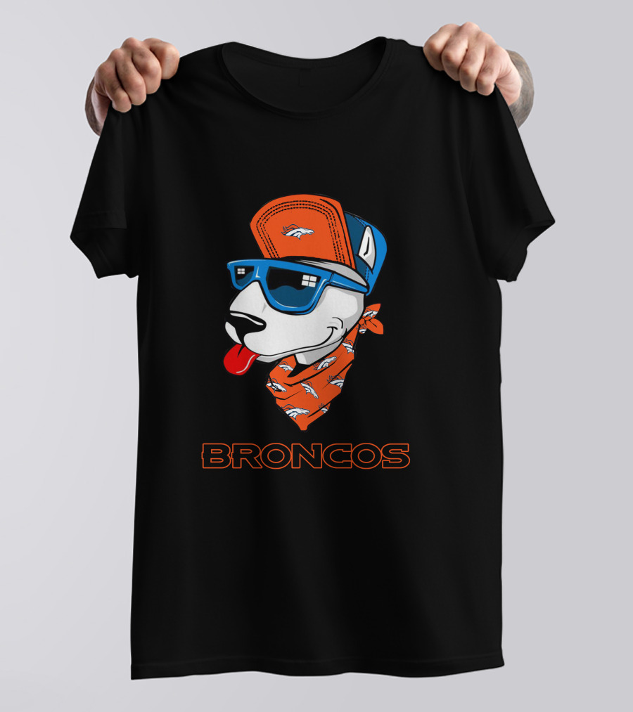 Broncos Bull Terrier With Hat Sunglasses And Bandana T-Shirt
