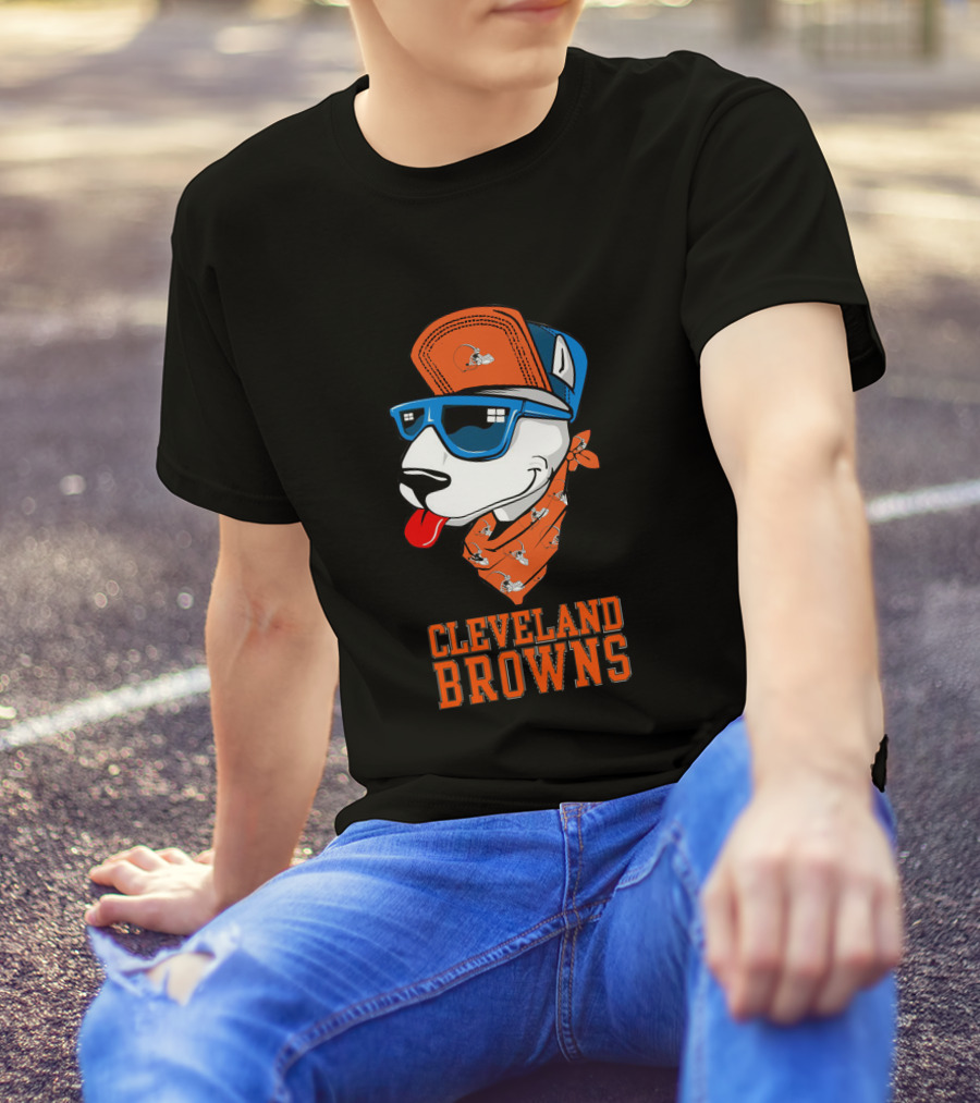 Cleveland Browns Bull Terrier With Sunglasses And Bandana T-Shirt