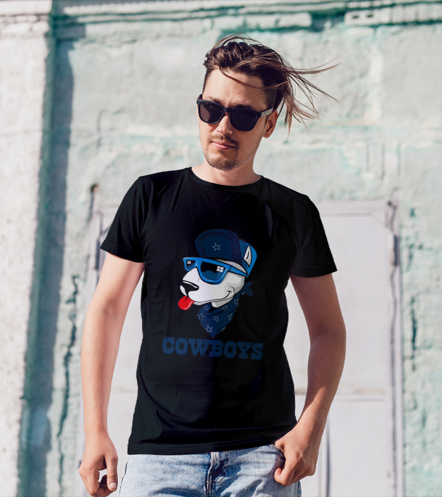 Cowboys Bull Terrier In Blue Sunglasses And Bandana T-Shirt