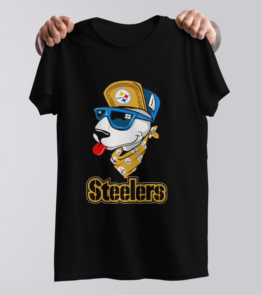 Steelers Bull Terrier Wearing Cap And Sunglasses With Logo Bandana T-Shirt