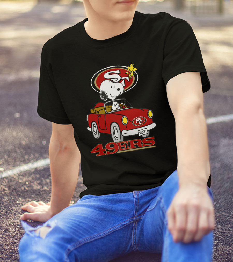 San Francisco 49ers Snoopy Driving Car With Woodstock T-Shirt