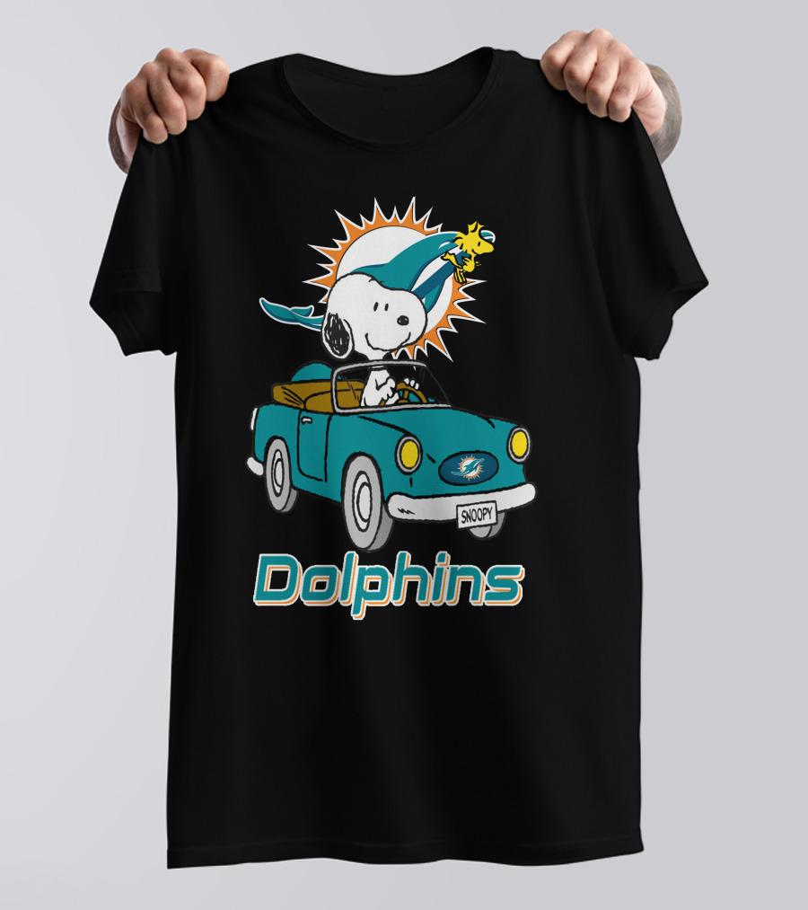 Miami Dolphins Snoopy Driving Car With Woodstock T-Shirt