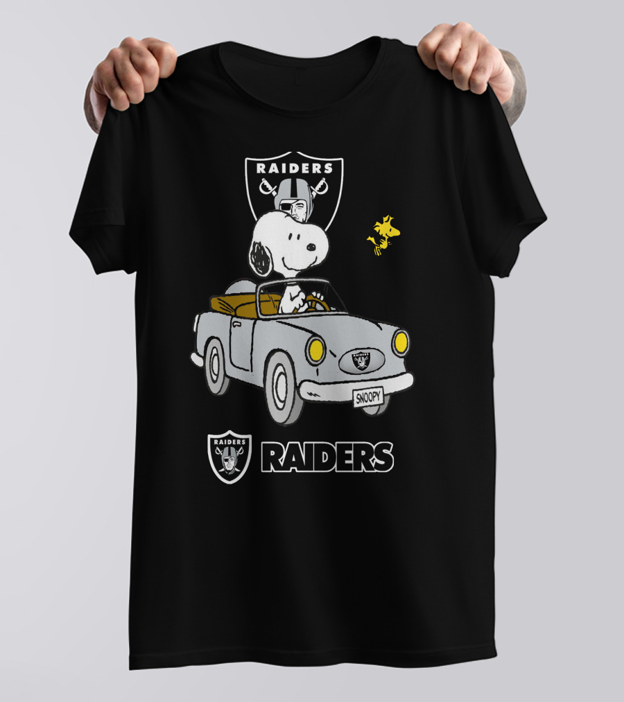 Raiders Snoopy Driving Cartoon With Woodstock And NFL T-Shirt