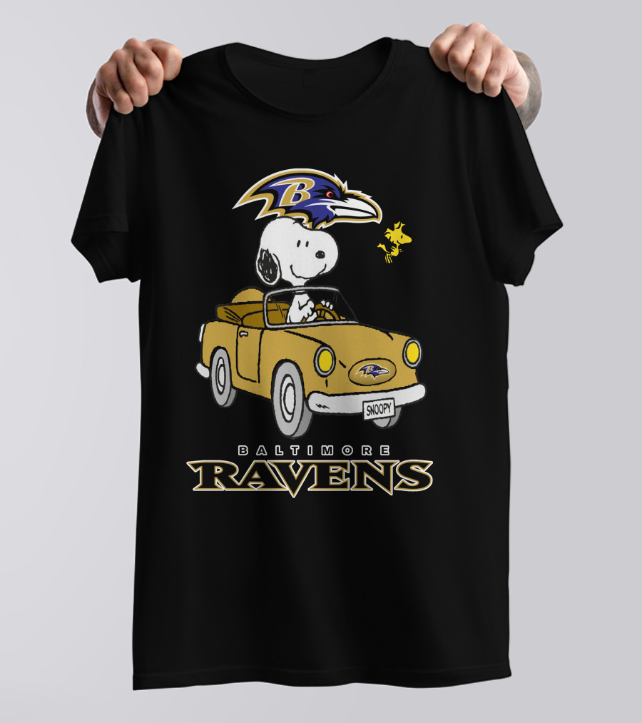 Baltimore Ravens Snoopy Driving Car With Woodstock T-Shirt