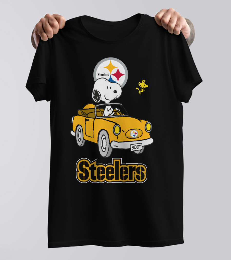 Steelers Snoopy Driving With Woodstock In Yellow Car T-Shirt