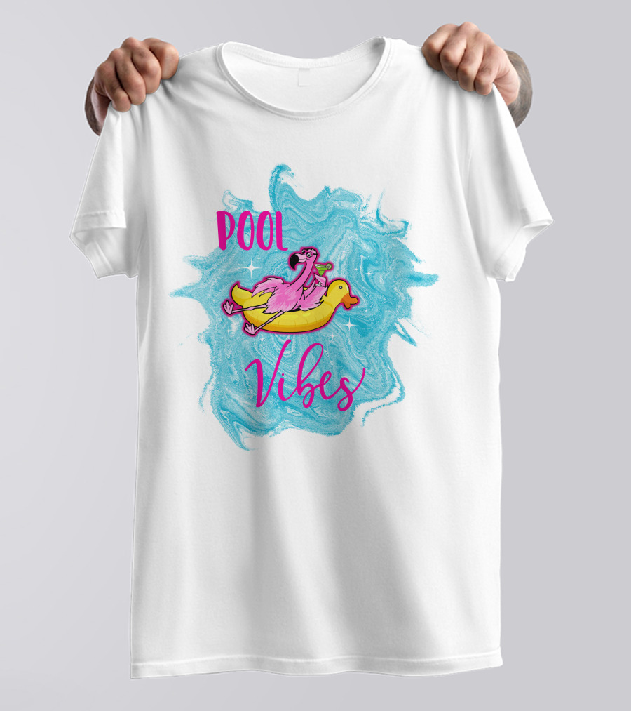 Pool Vibes Flamingo On Inflatable Duck With Blue Swirl Background T-Shirt