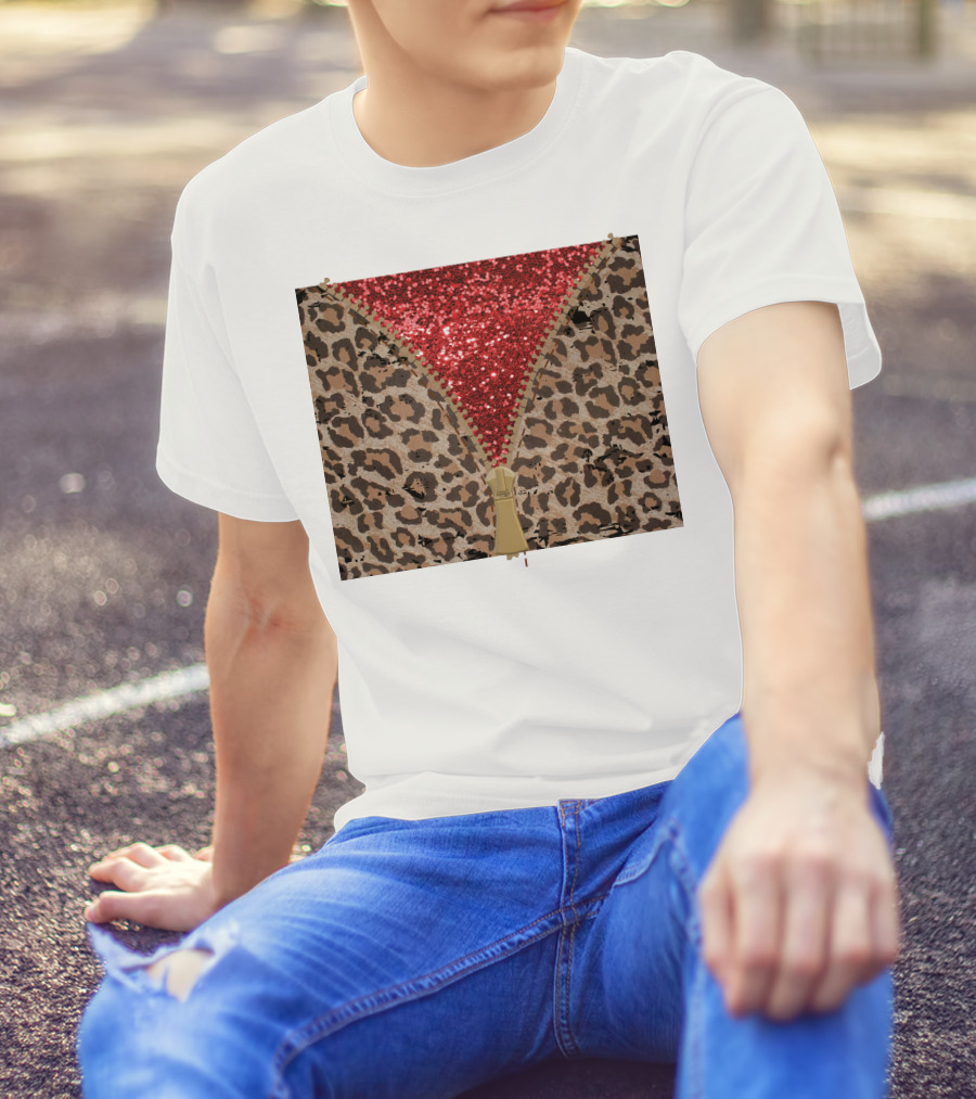 Red Faux Glitter Leopard Zipper Tumbler T-Shirt