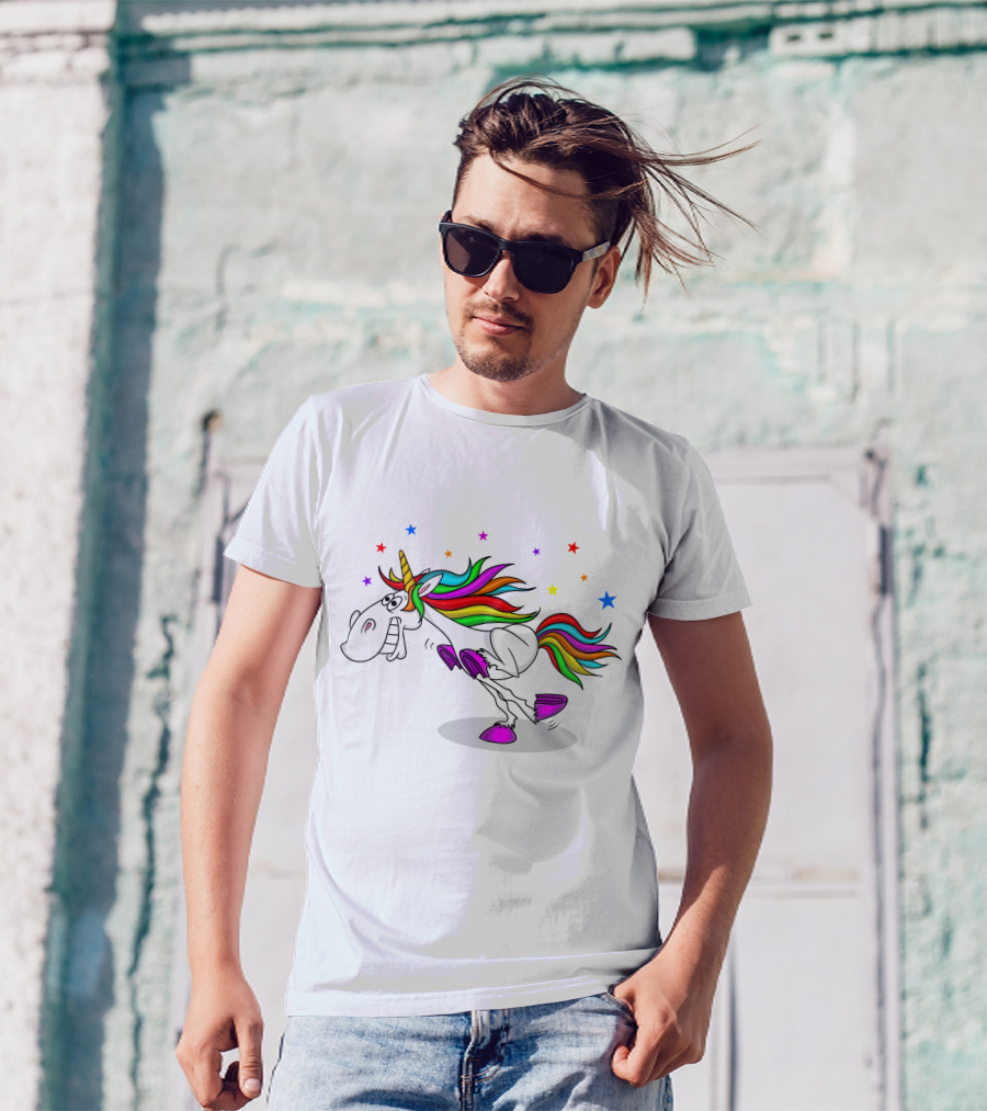 Awesome Unicorn Twinkles Rainbow Kicking Fun Stars Vibrant Mane T-Shirt