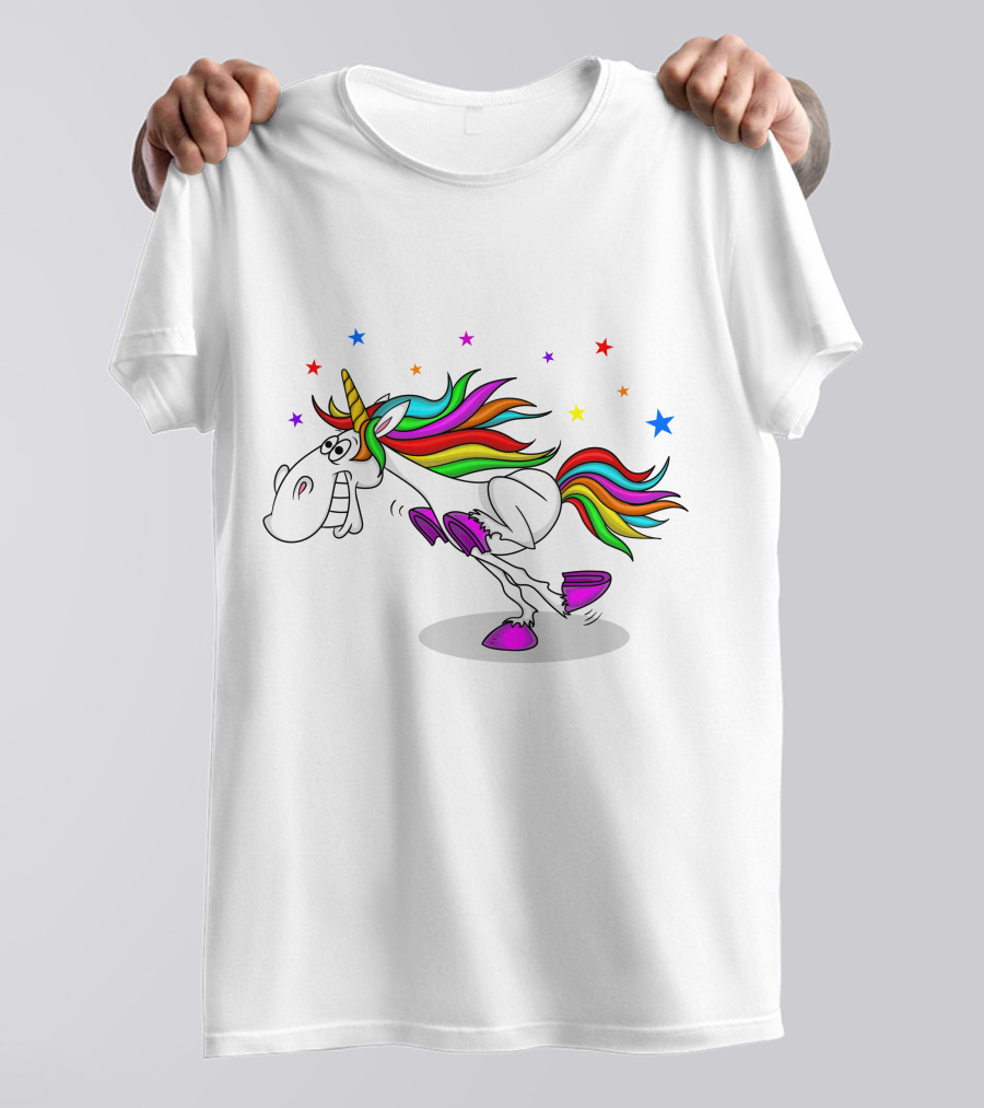 Awesome Unicorn Twinkles Rainbow Kicking Fun Stars Vibrant Mane T-Shirt