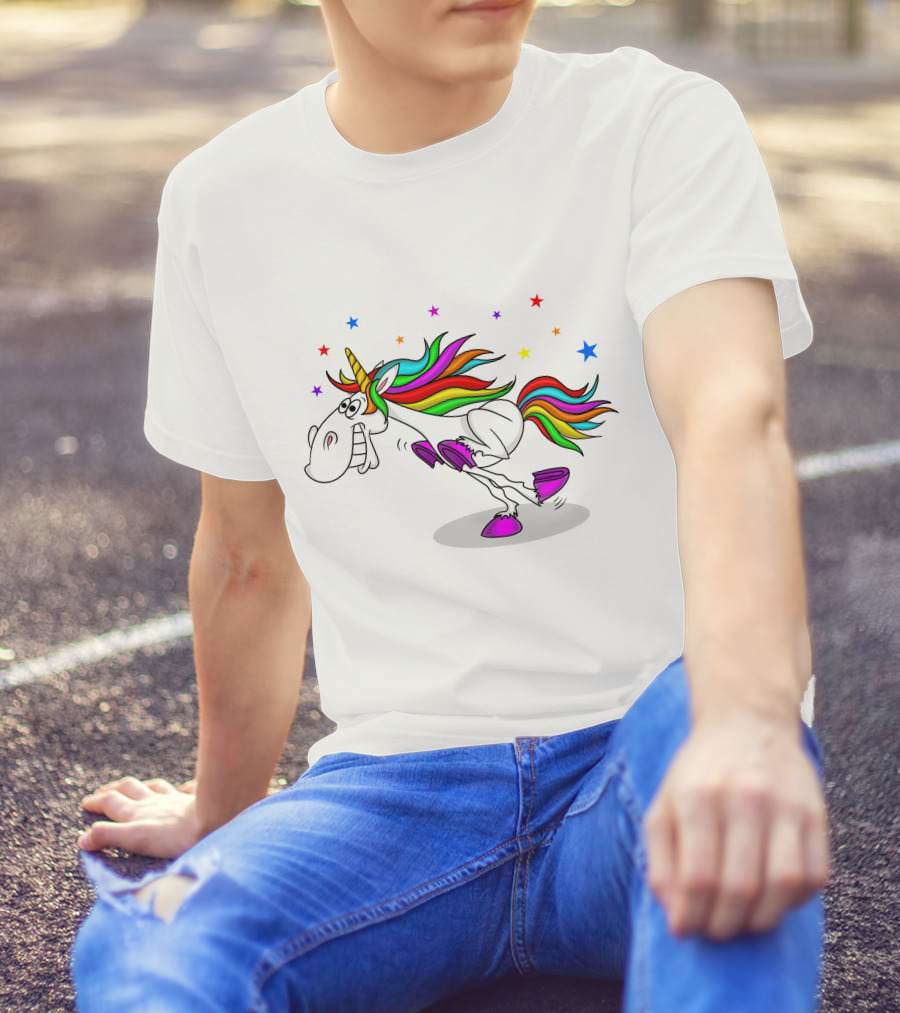 Awesome Unicorn Twinkles Rainbow Kicking Fun Stars Vibrant Mane T-Shirt