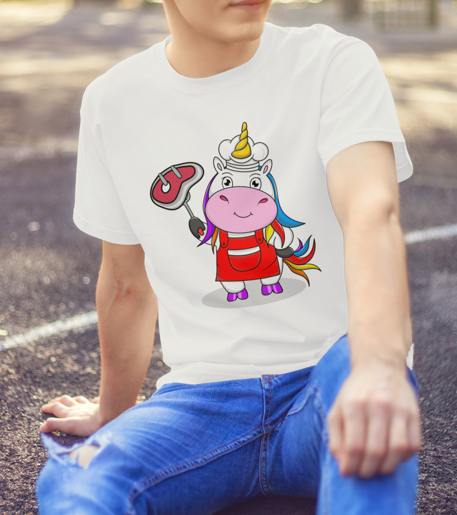 Barbecue Unicorn Chef With Rainbow Mane And Grilled Steak T-Shirt