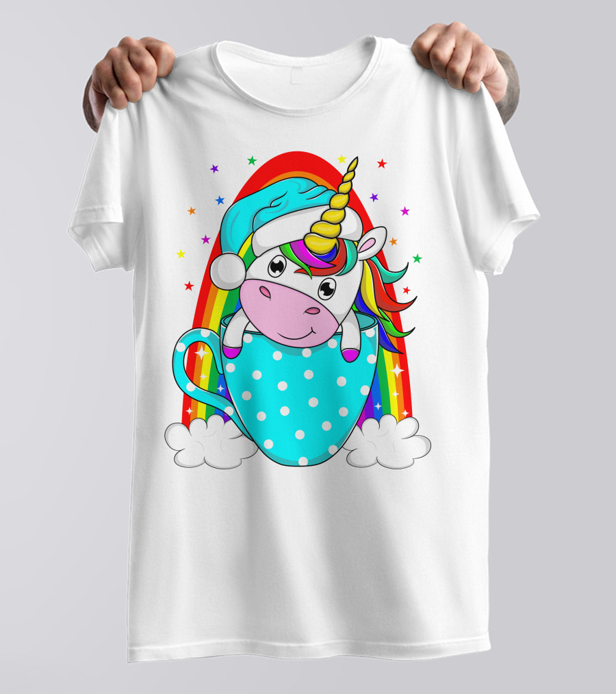 Christmas Unicorn In Cup Rainbow Santa Hat Stars T-Shirt