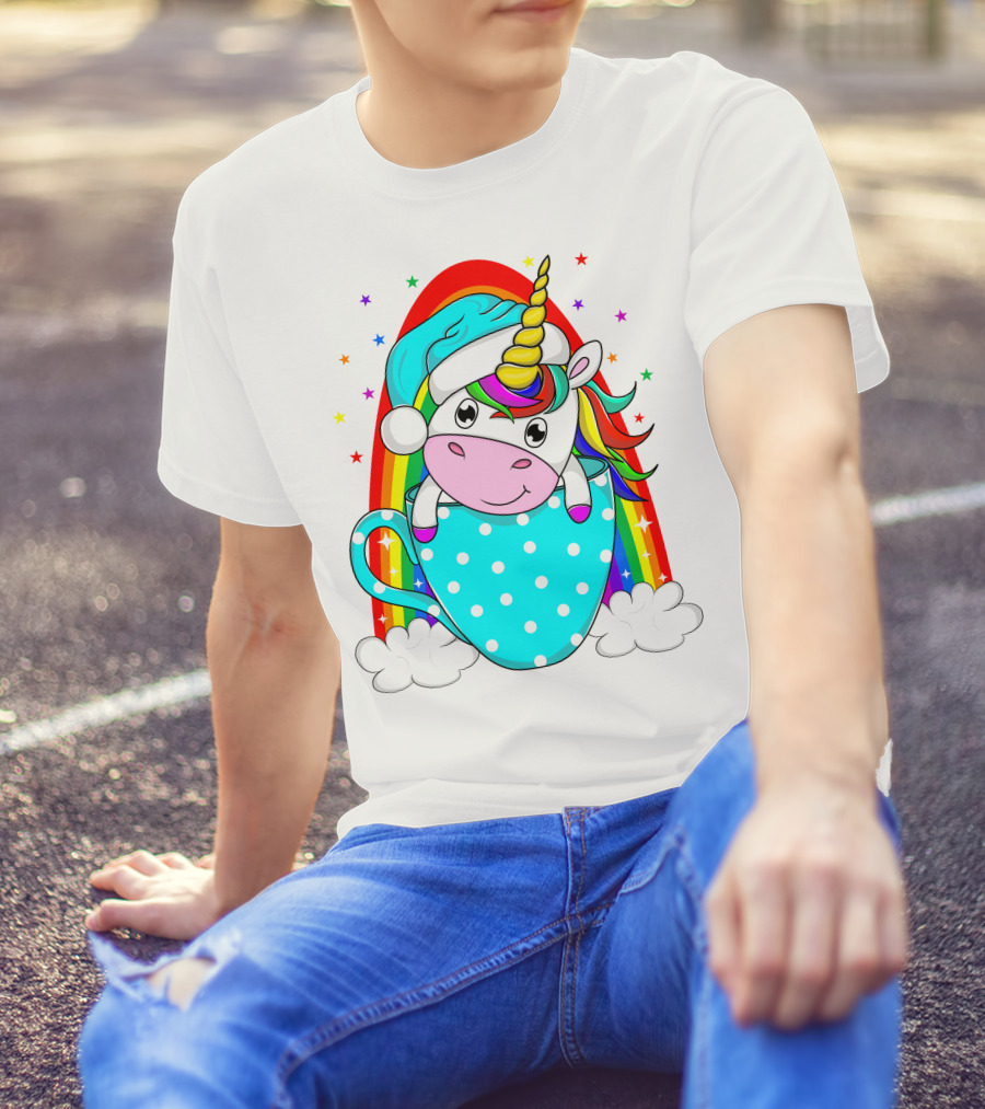 Christmas Unicorn In Cup Rainbow Santa Hat Stars T-Shirt