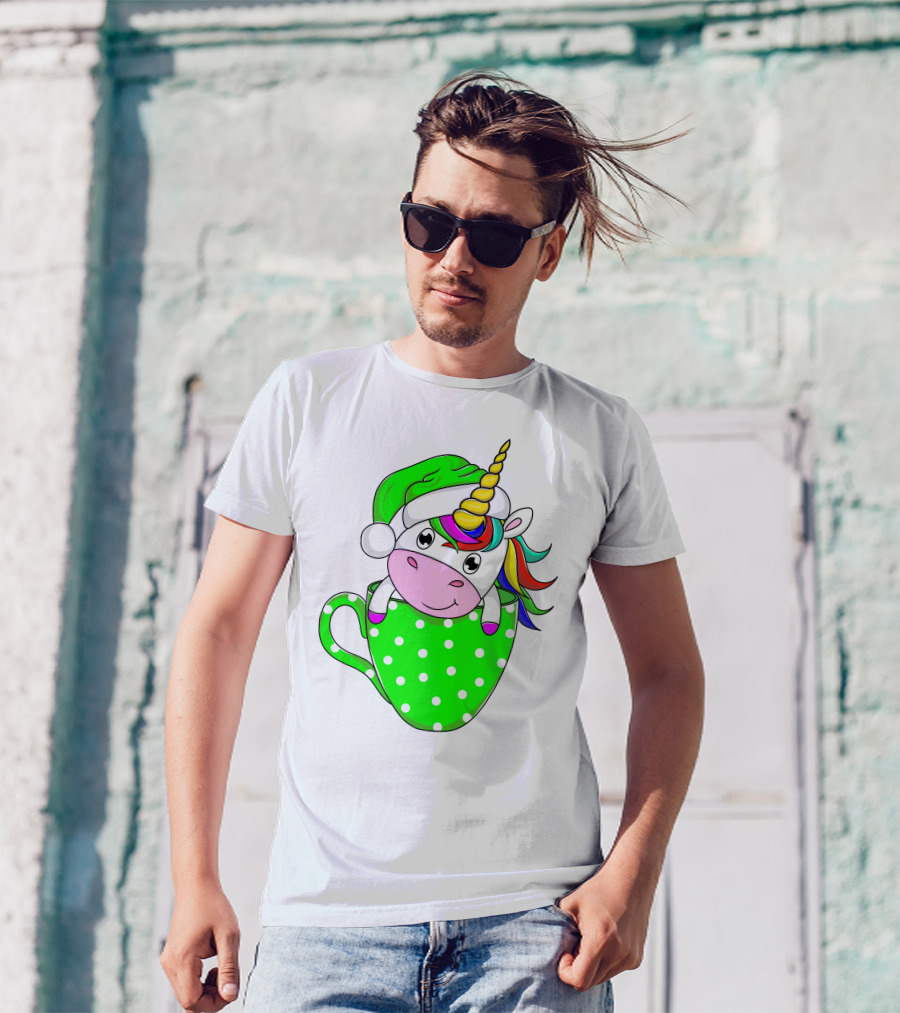 Funny Christmas Unicorn In Santa Hat With Green Polka Dot Cup T-Shirt
