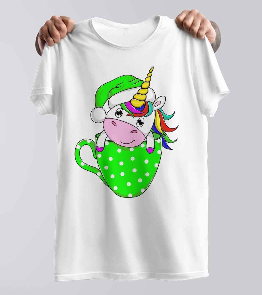 Funny Christmas Unicorn In Santa Hat With Green Polka Dot Cup T-Shirt