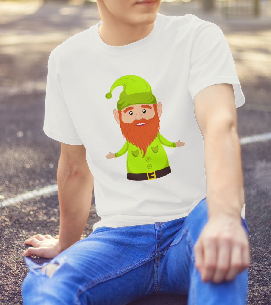Gnome ELF Christmas Bright Green Hat Brown Belt Red Beard T-Shirt