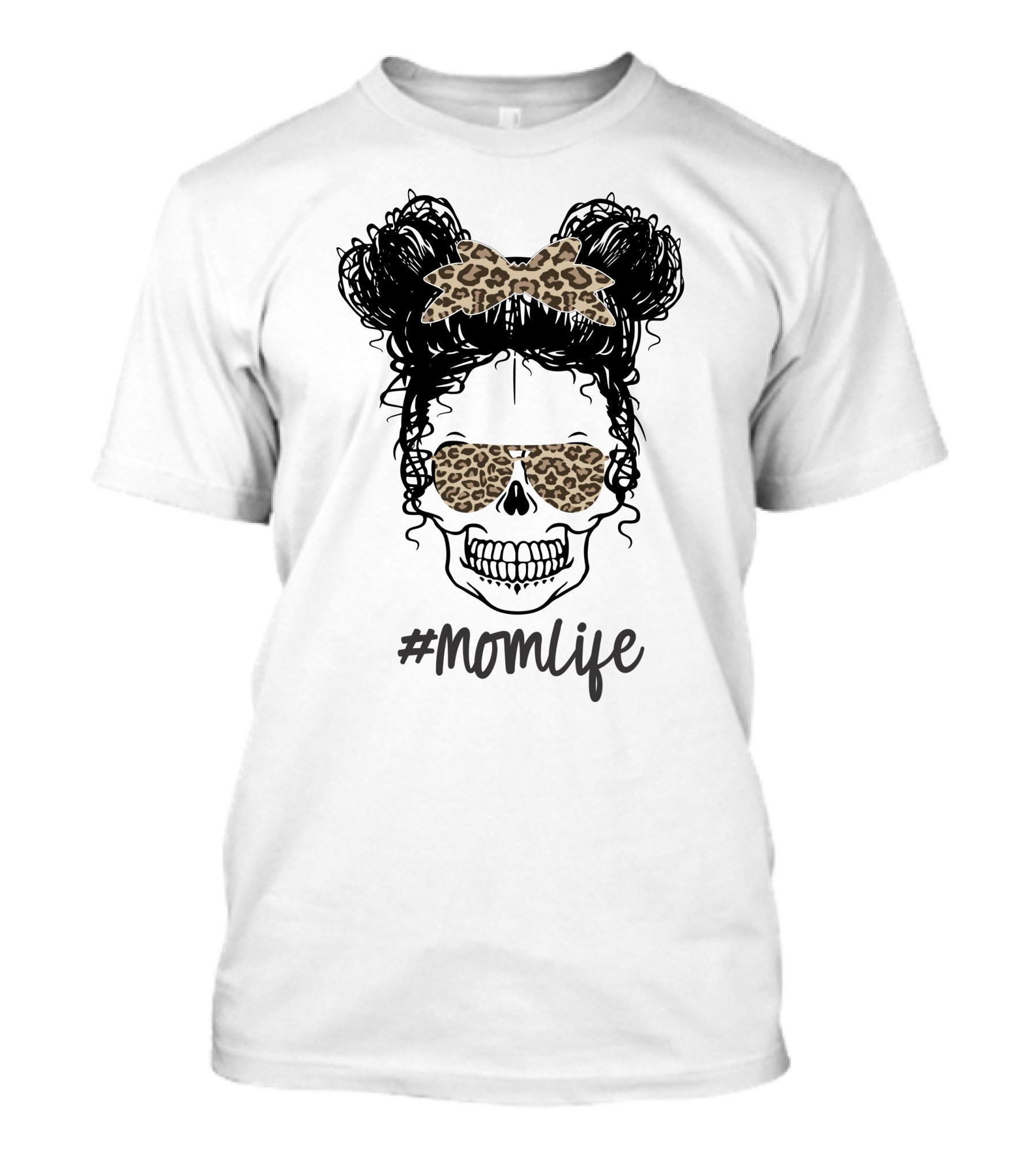 MomLife Messy Bun Skull Leopard Bow Sunglasses T-Shirt