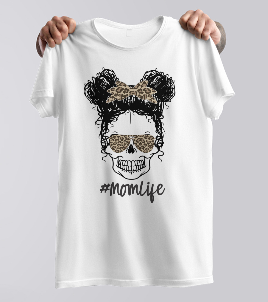 MomLife Messy Bun Skull Leopard Bow Sunglasses T-Shirt