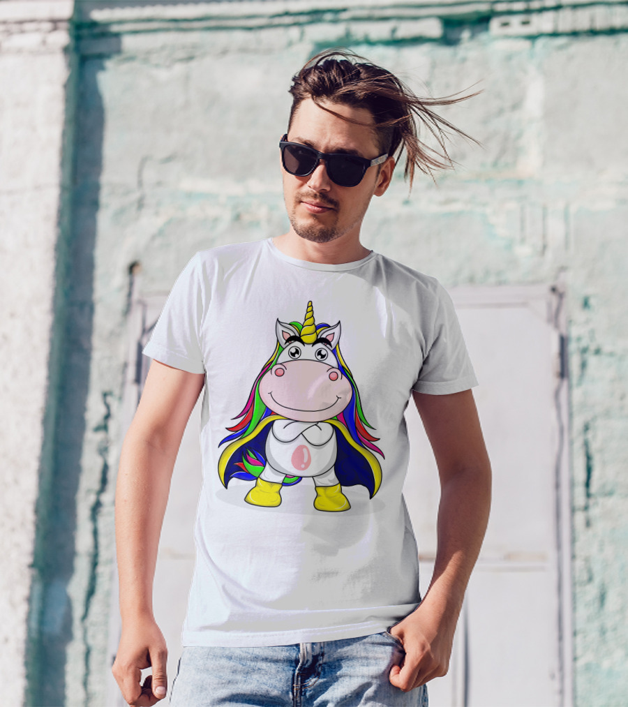 Superhero Unicorn With Rainbow Cape And Yellow Boots T-Shirt