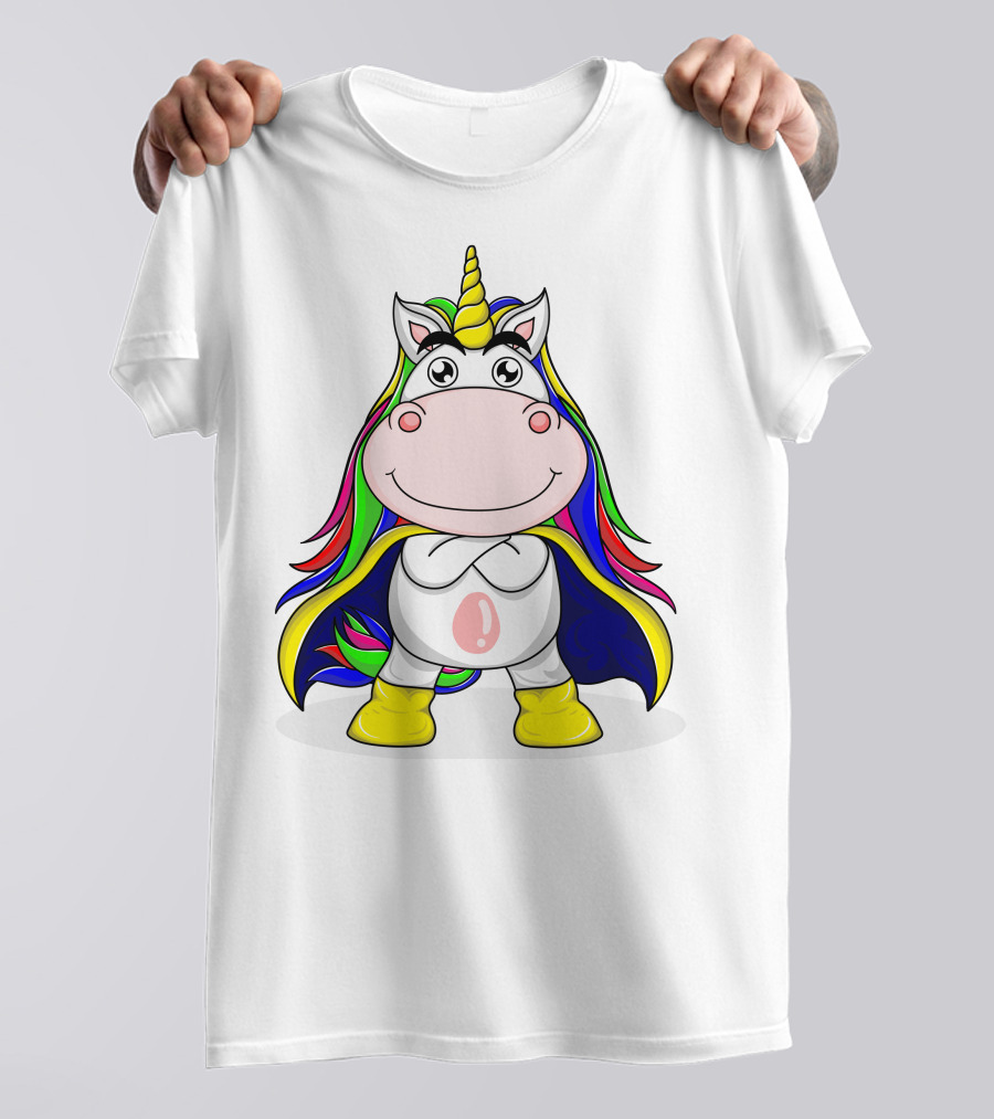 Superhero Unicorn With Rainbow Cape And Yellow Boots T-Shirt