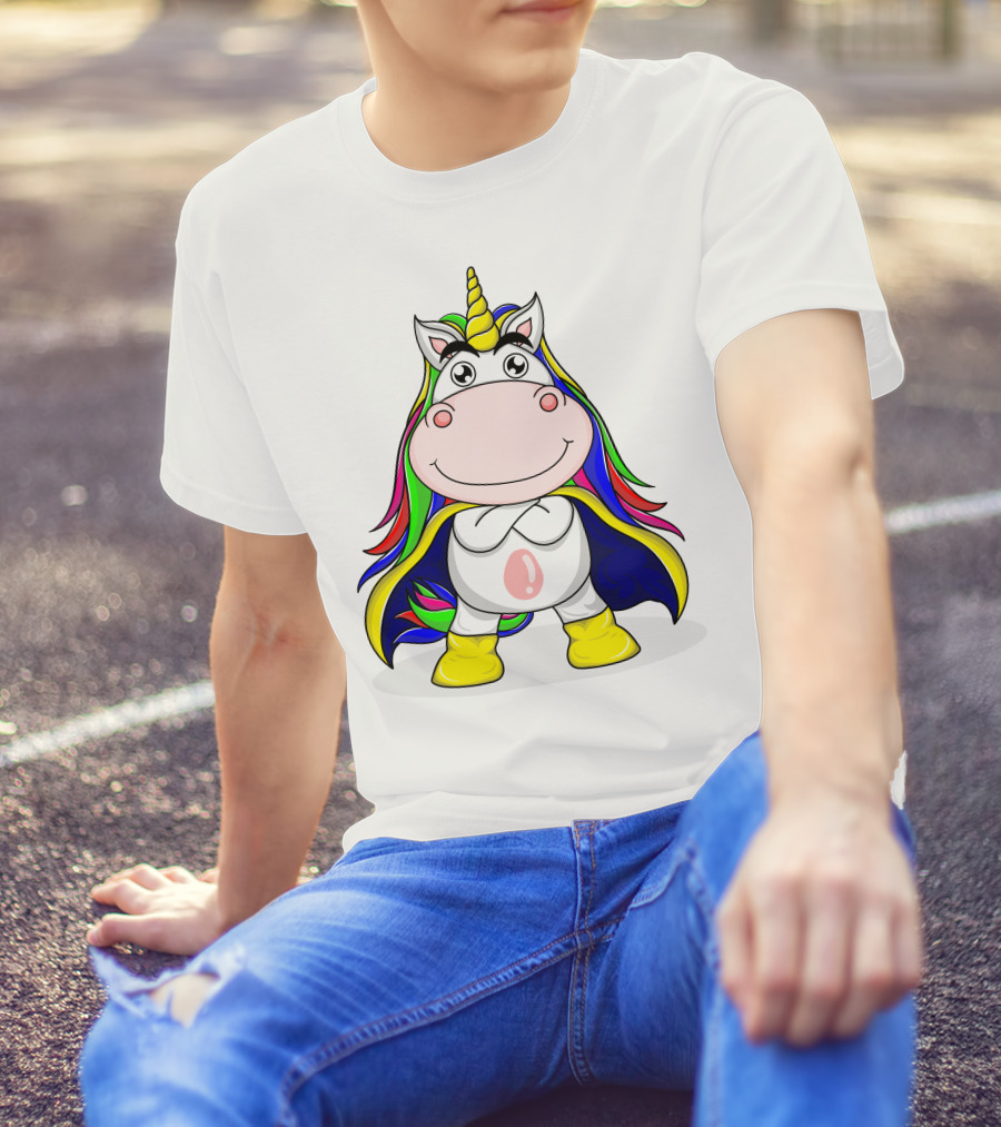 Superhero Unicorn With Rainbow Cape And Yellow Boots T-Shirt