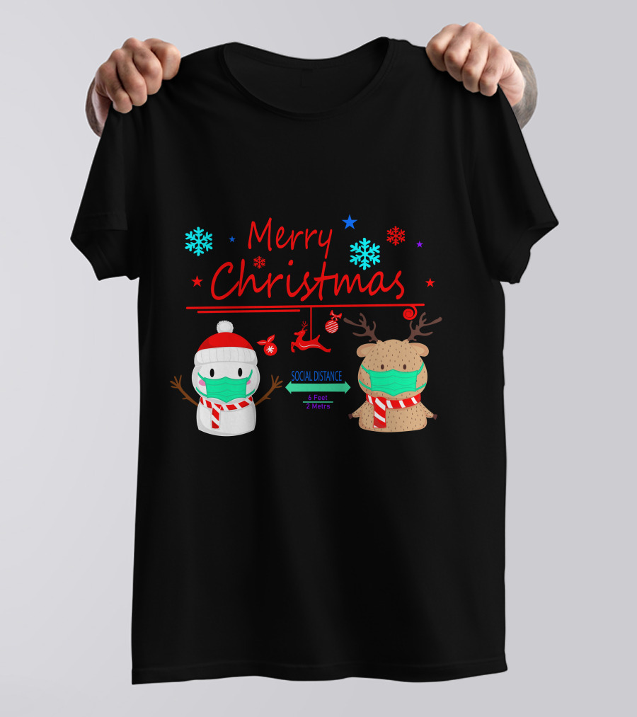 Merry Christmas Social Distance Snowman And Reindeer With Masks T-Shirt