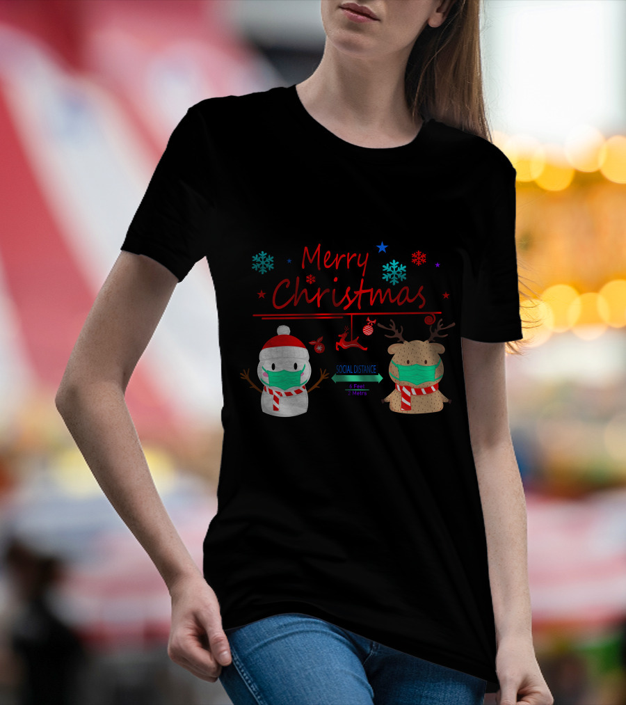 Merry Christmas Social Distance Snowman And Reindeer With Masks T-Shirt