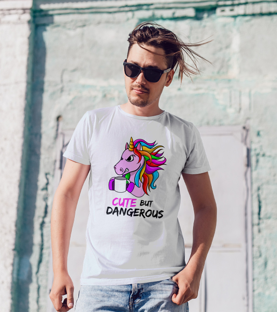 Cute But Dangerous Pink Unicorn With Rainbow Mane And Coffee Mug T-Shirt