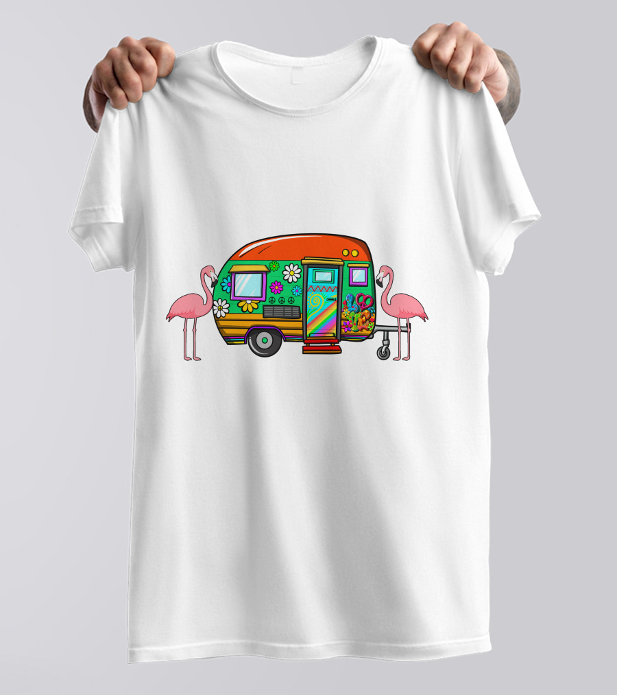 Flamingo Camping Retro Floral Caravan T-Shirt