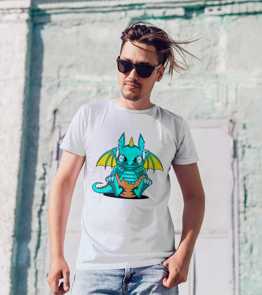 Cool Baby Dragon With Horns Sitting On Eggshell T-Shirt