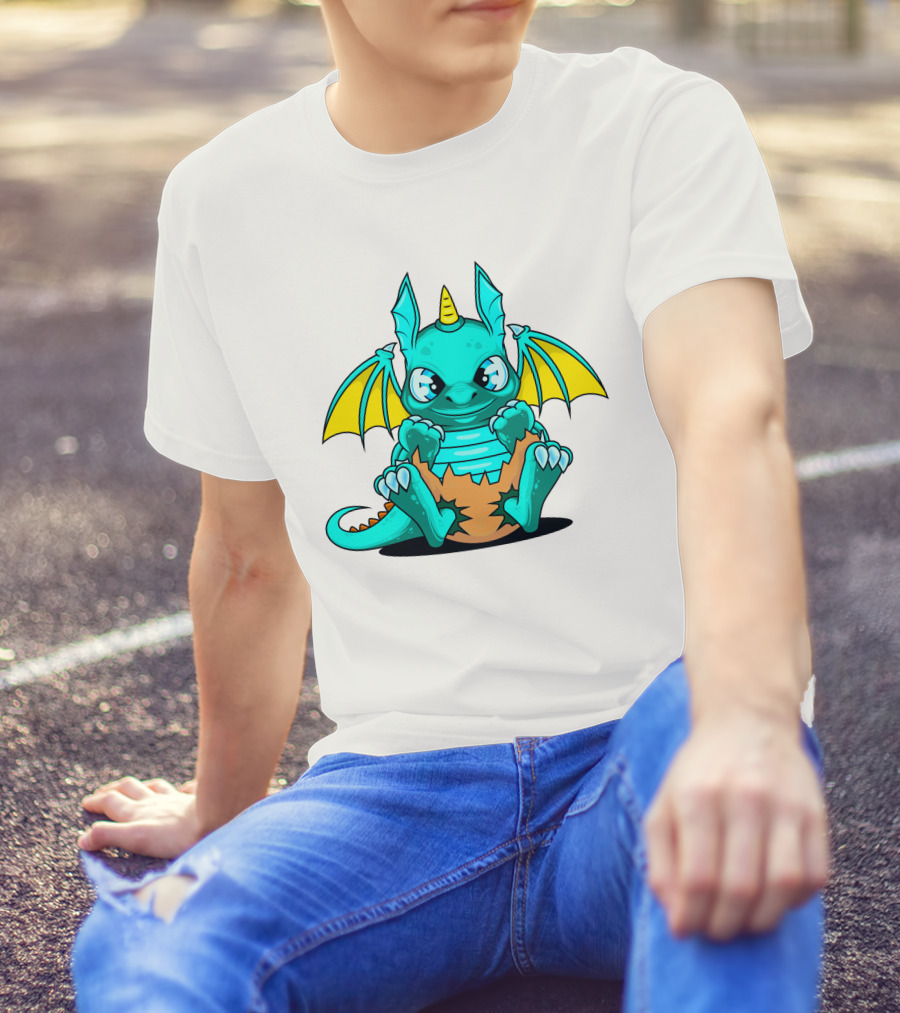 Cool Baby Dragon With Horns Sitting On Eggshell T-Shirt