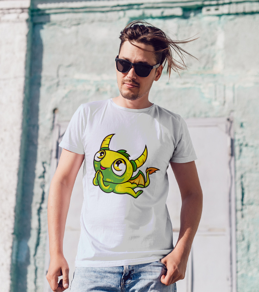 Cute Dragon Wishing Adorable Green And Yellow Horned Fantasy Character T-Shirt